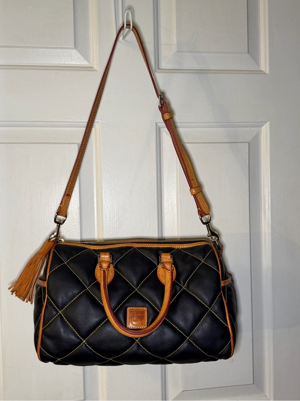 Dooney & Bourke Black Quilted Leather Shoulder Bag with Tan Trim
